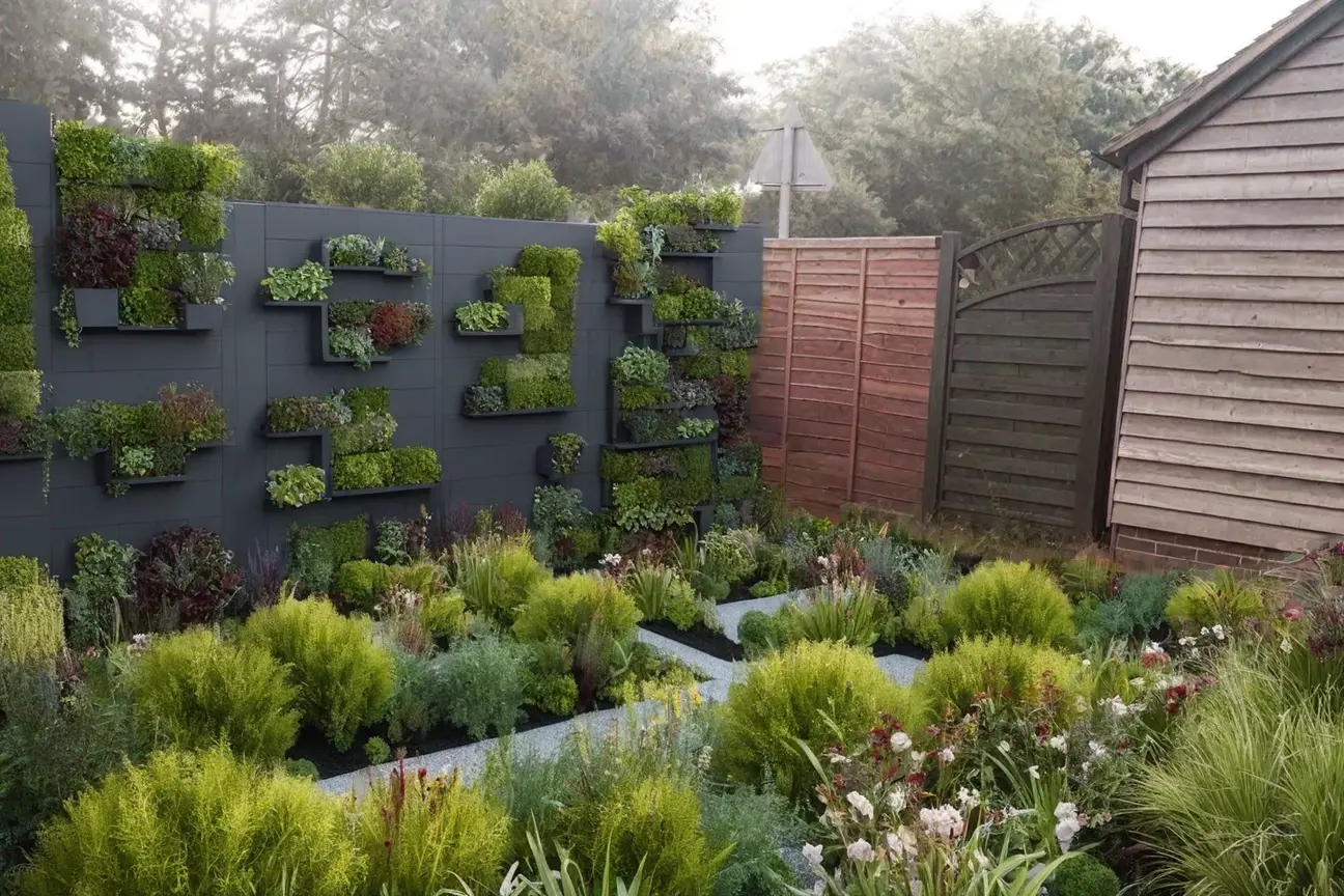 Contemporary living wall lining a modern geometric planting arrangement