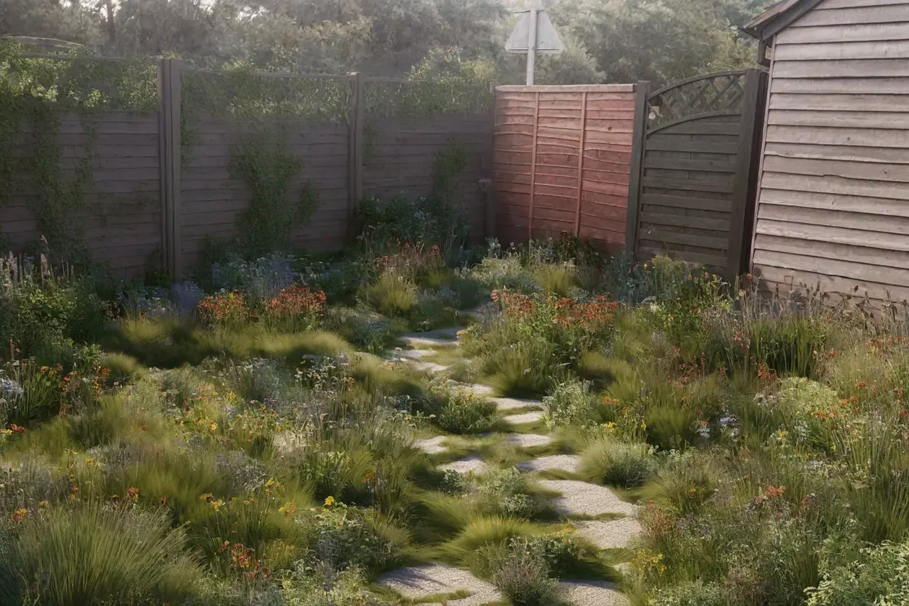 Winding pathway to the back gate surrounded by wildlife-friendly plants