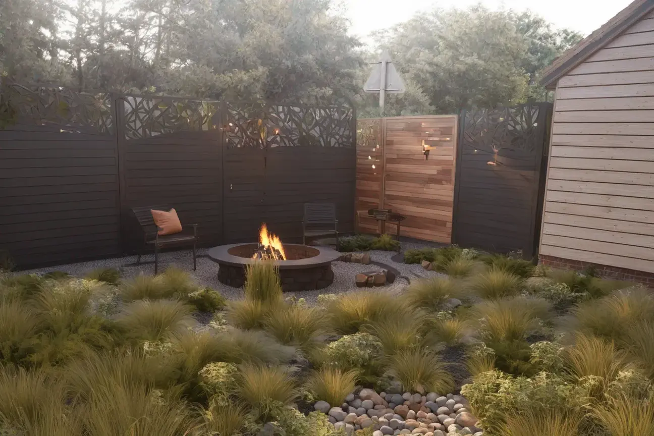 Incorporating a firepit, redesigned garden perimeter and low-maintenance plants