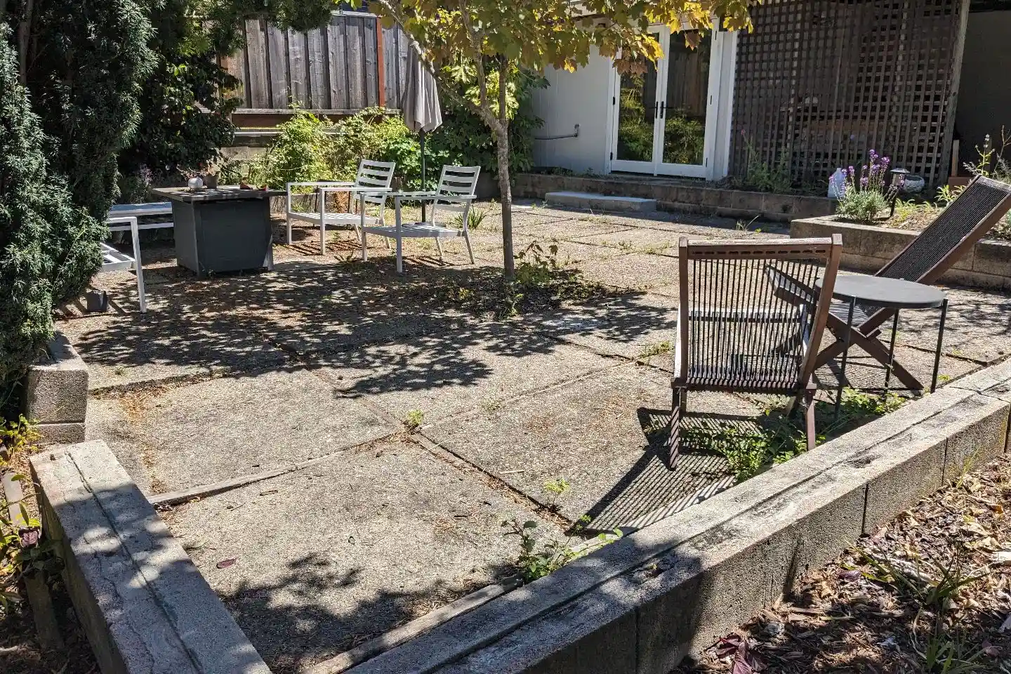 Large concrete slabs and a lone tree create an uninviting patio