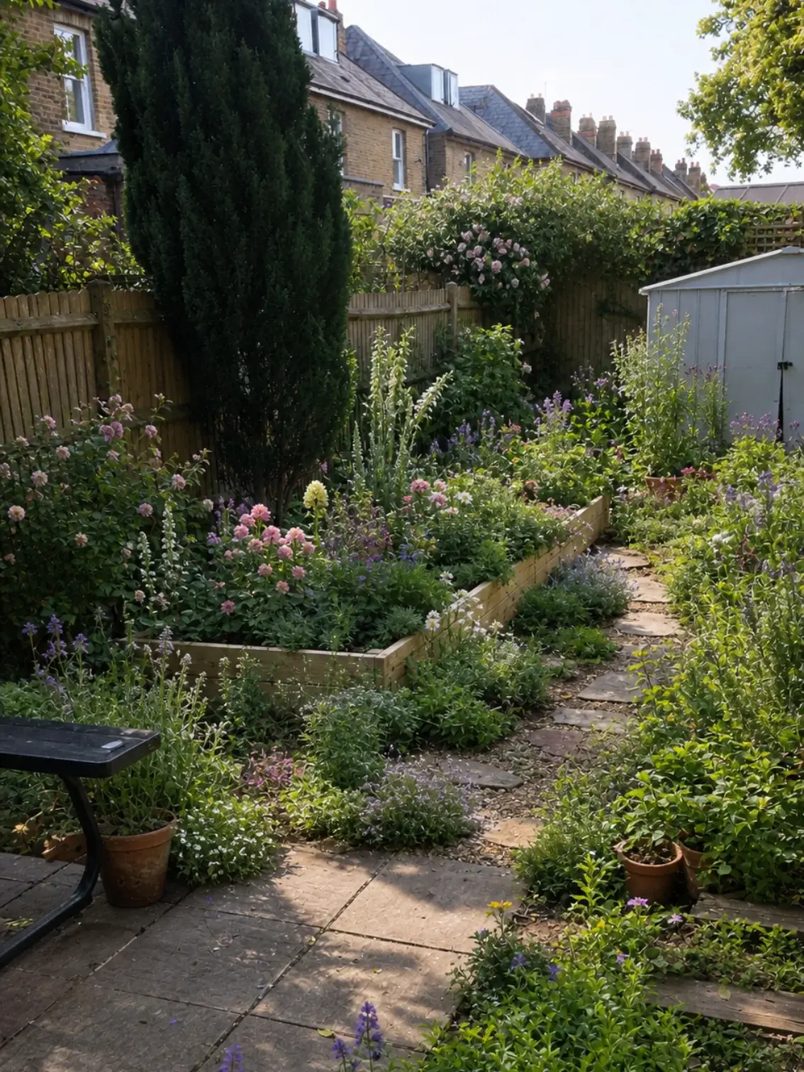 Cottage small backyard full of lush plantings and diverse plant selection