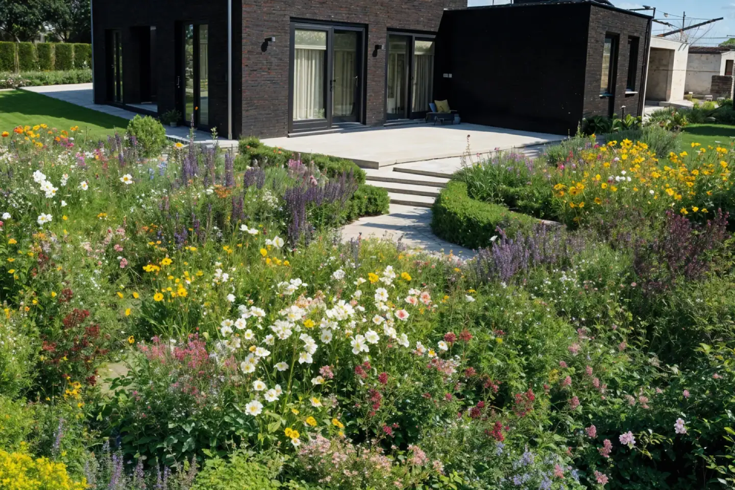 Style: English, Feature: Herbaceous borders with perrenials, Creativity Level; 80%. AI generated gardens space full of blooming flowers.