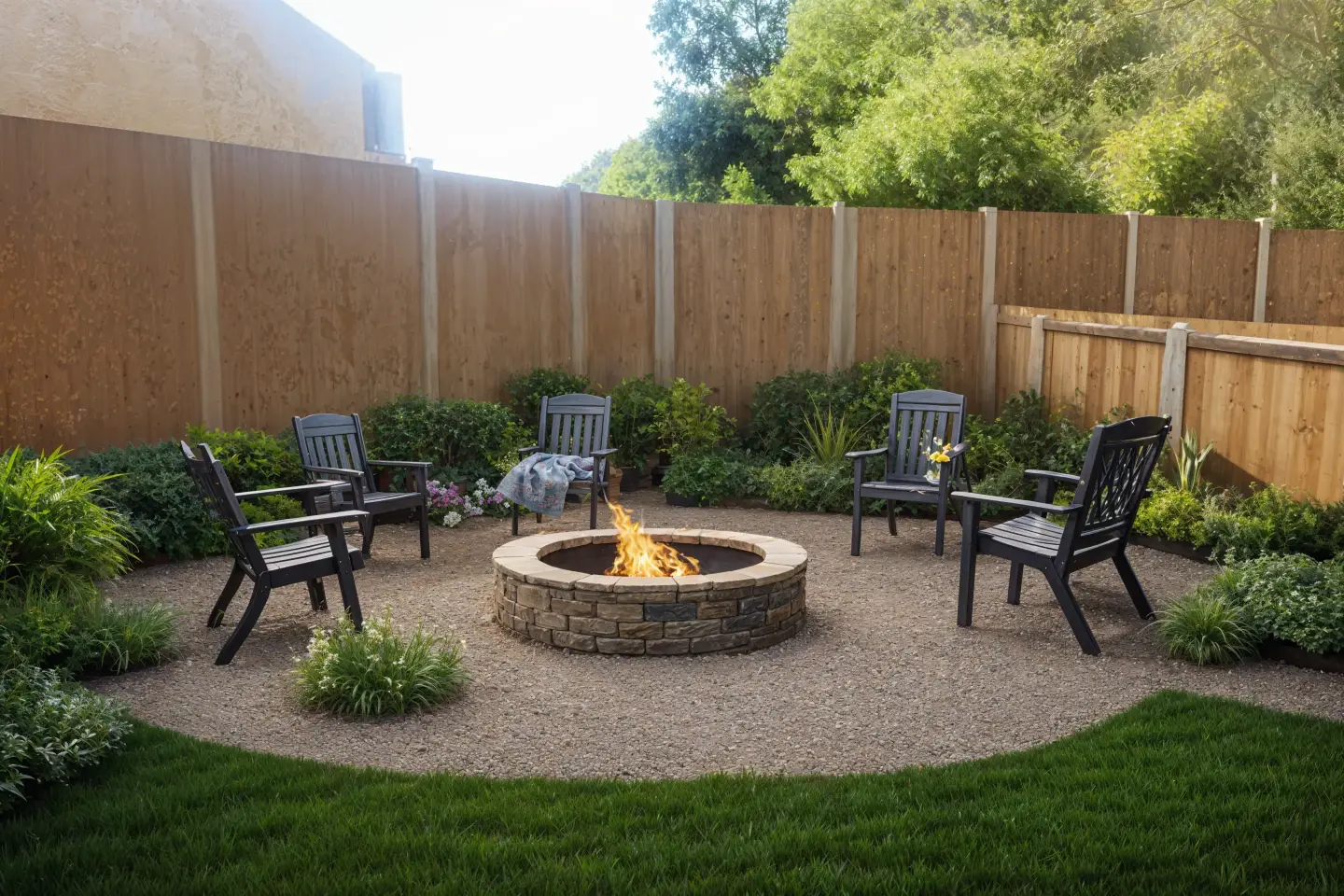 Style: 'Small', Feature: 'A firepit space', Creativity Level: Dream mode. AI generated garden space with a firepit situated at the center.