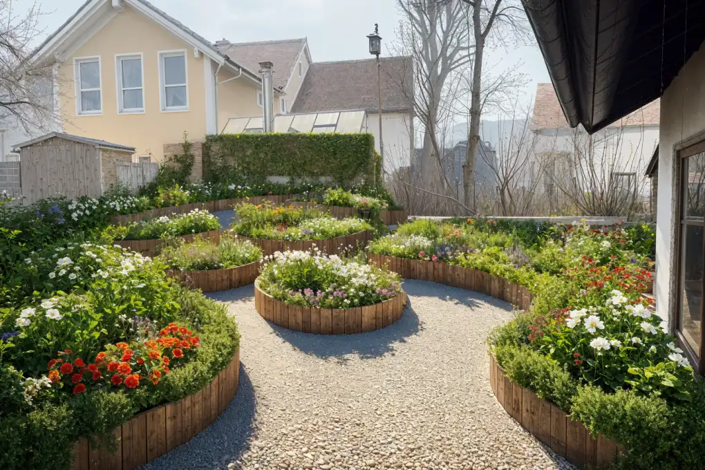 Intricate, circular raised planter small garden design | Designed on Rescape AI