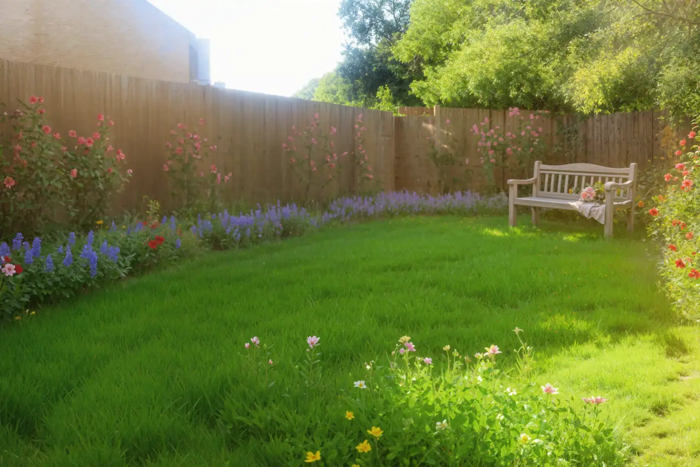 An AI cottage garden with a bench