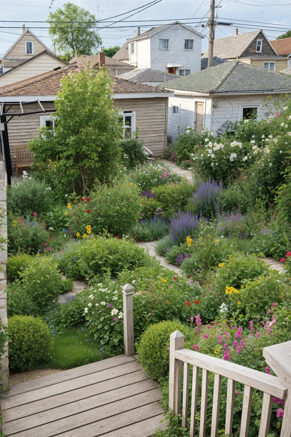 Winding pathways through a small garden