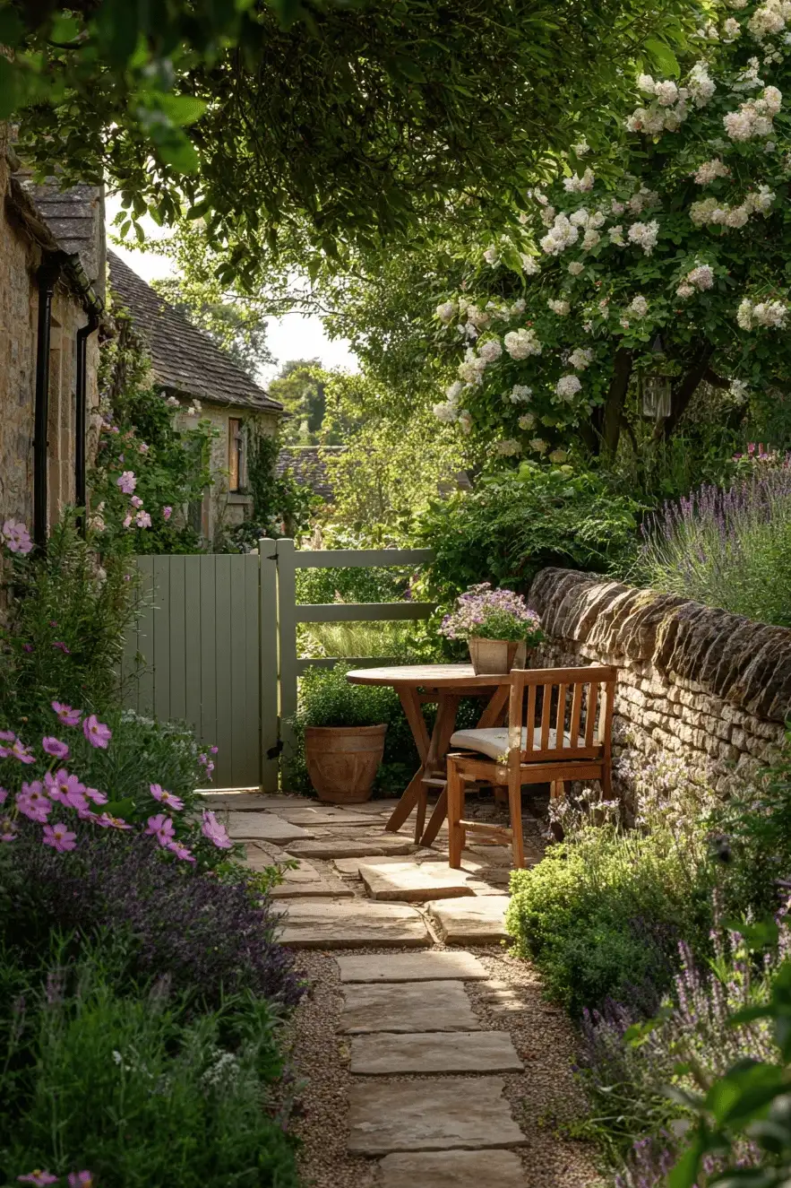 A bench in sunlight down a cottage path