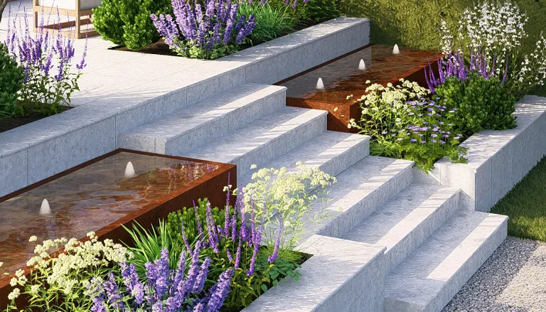 Water feature displayed prominently in contemporary garden