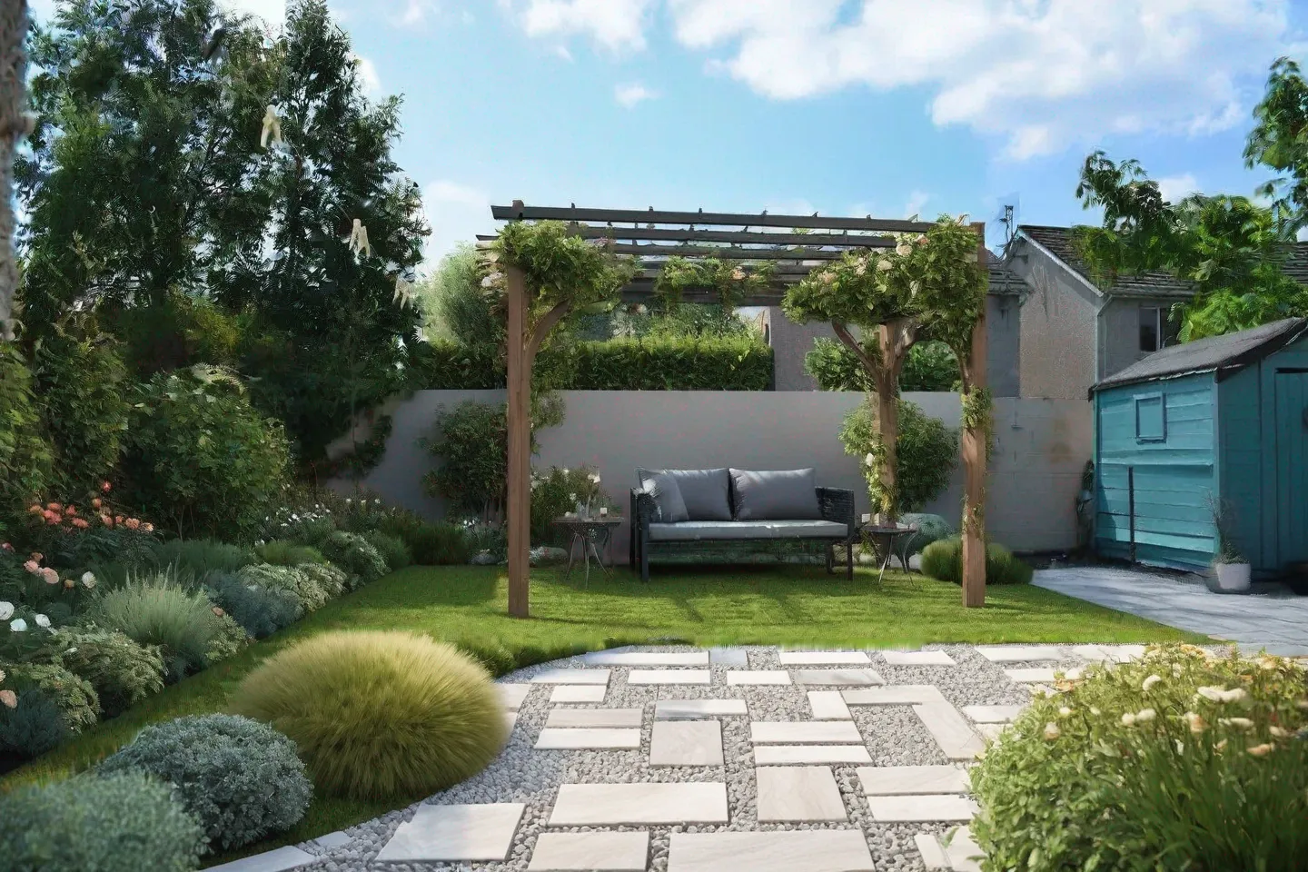 AI generated garden design of a contemporary