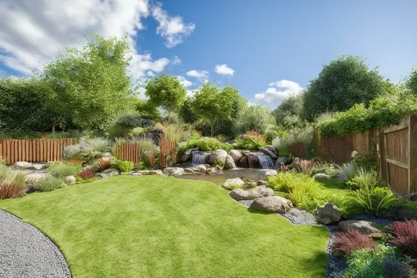 Design a climate-resilient, wildlife-friendly garden with AI, featuring adaptive plants and a water feature to support local ecosystems.