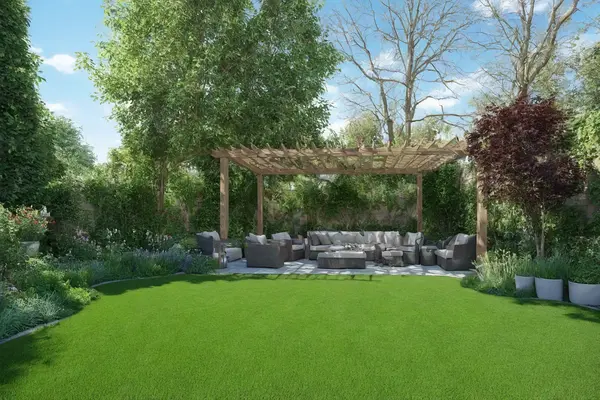 Transform your yard with AI into a contemporary outdoor living space, complete with a pergola and comfortable seating area.