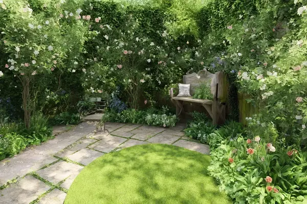 Create an eco-friendly shade garden with AI, incorporating natural woodland features for a sustainable and beautiful outdoor space.