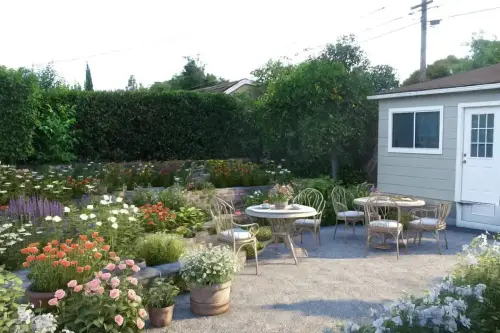 AI garden design featuring a beautiful garden with colorful potted flowers and a cozy seating area.