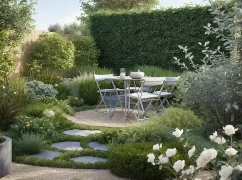 AI landscape design with Rescape AI generates an alluring space with an abundance of character with the paved pathway and vibrant encompassing plants.