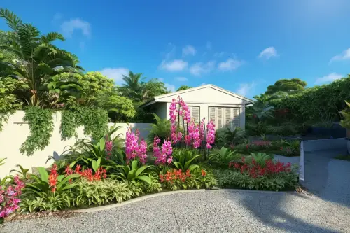 AI Generated Designs Tall, colourful tropical plants thoughtfully placed, creating a vibrant and playful appeal