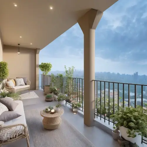 AI Generated Designs A modern balcony has received its finishing touches to compliment the seating area. Bold green plantage creates a relaxing atmosphere.