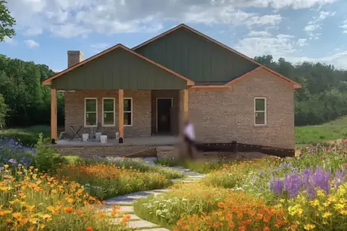 AI Generated Designs An inviting winding pathway leads to the door through a garden reminiscent of a wildflower meadow.