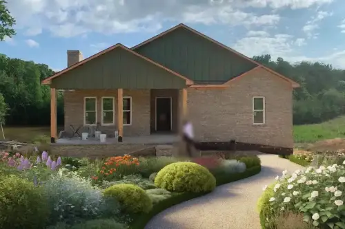 AI Generated Designs An inviting front yard features a relaxed pathway that leads to the house, lined with thoughtfully arranged plants enhancing its beauty and charm.