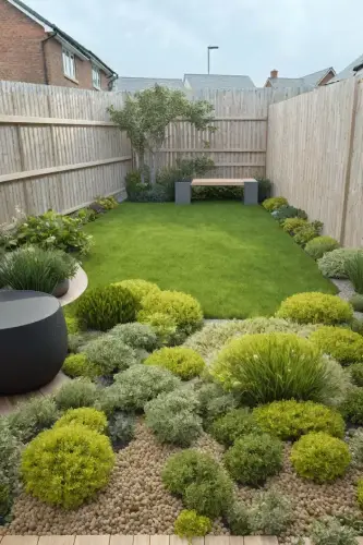 AI Generated Designs A creative approach to small garden design that features small bushes and gravel flowerbeds that are easy to look after.