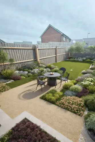 AI Generated Designs Contemporary borders of bold leaved plants surround a restful seating area.