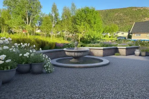 AI Generated Designs White roses, a formal fountain and meticulously constructed walls create an upscale landscape design.