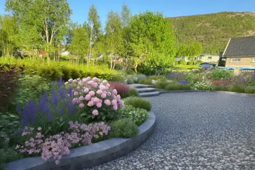 AI Generated Designs A polished AI landscape design. Curved flower beds with a variety of plans and and bushes among the cobbled patio.