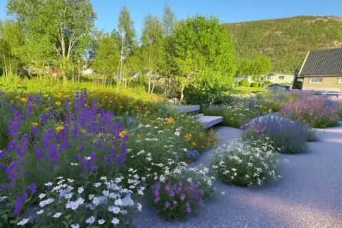 AI Generated Designs Flowers packed among the patio area, a joyful and carefree design.